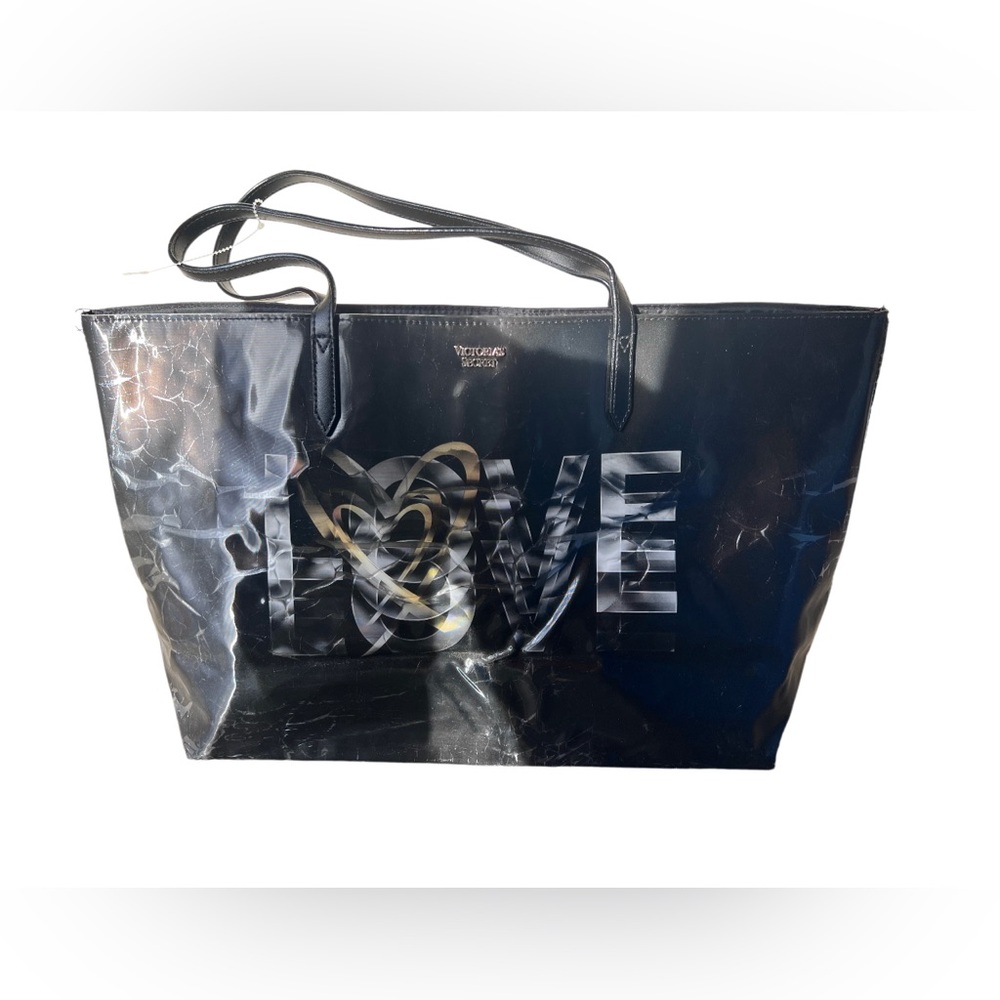 VICTORIA'S SECRET LOVE COLLECTION BLACK HOLOGRAPHIC TOTE SHOPPING BAG